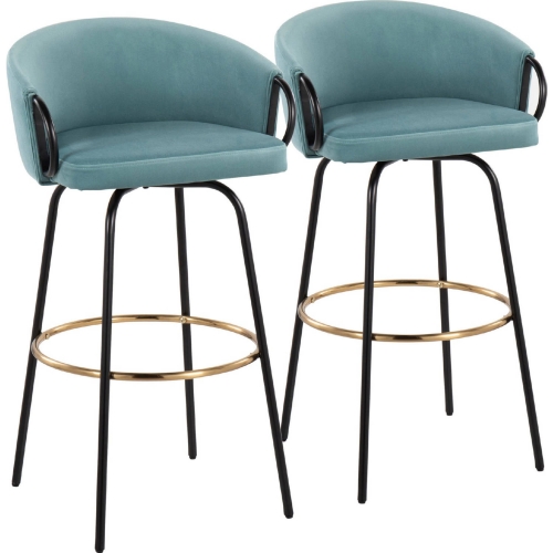 Claire Bar Stool in Black Metal, Gold & Light Blue Velvet (Set of 2)